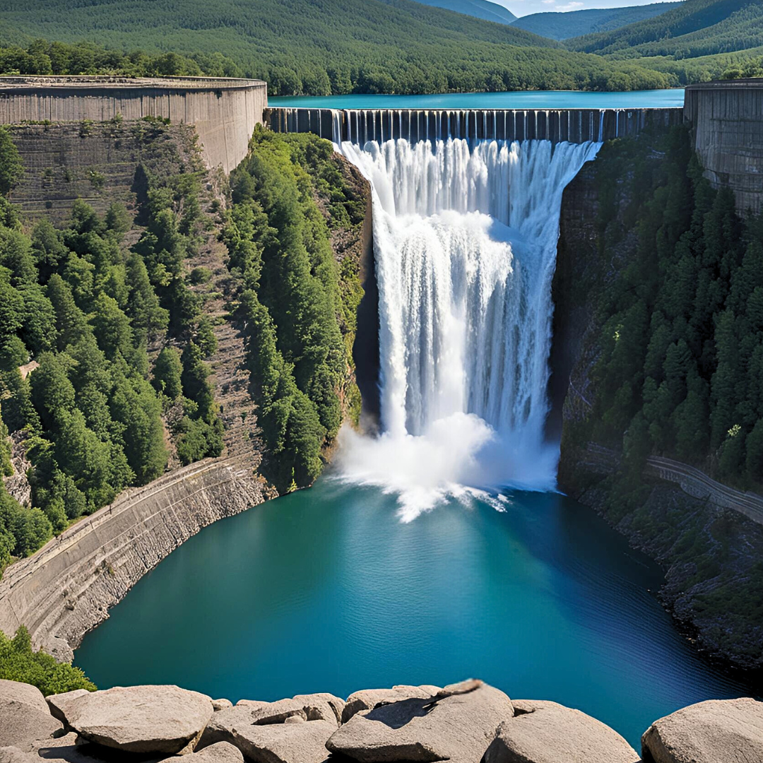 Water gushing over dam wall into lower dam